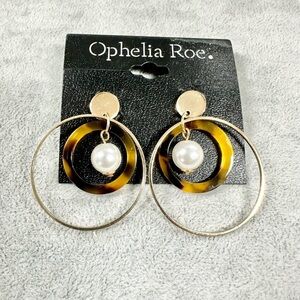 Ophelia Roe. Faux Tortoise Shell Gold Tone Pearl Drop Circle Dangle Earrings